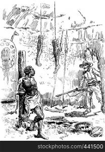 Narcissus Nicaise perilous adventures in the Congo. The man sees it as a supernatural apparition, vintage engraved illustration. Journal des Voyage, Travel Journal, (1880-81).