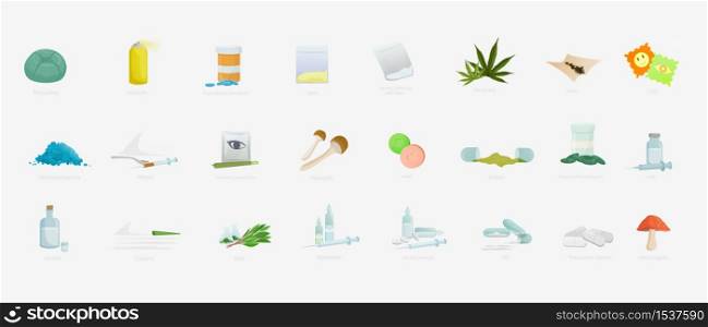 Narcotic drugs icons illustrated in color. Different types of drugs are presented: from natural - marijuana, hallucinogenic mushrooms to synthetic - LSD, MDMA, PSP, methamphetamine, heroin. Narcotic drugs icons illustrated in color. Different types of drugs