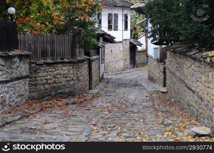 Narow cobbled street and fallen leaves in the town of Lovech in Bulgaria in the fall