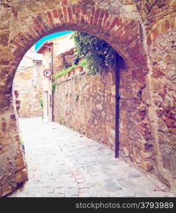 Narrow Alley with Old Buildings in the City of Cetona, Italy, Retro Effect