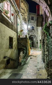 Narrow cobbled street in old town Peille at night, France.