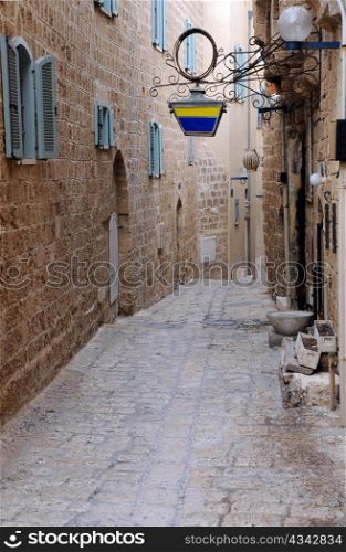 Narrow cobbled street in the ancient port of Jaffa in Israel