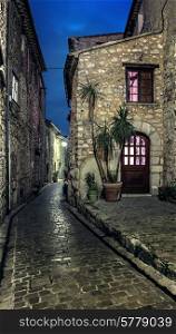 Narrow cobbled street in the old village Tourrettes-sur-Loup at night, France.