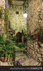 Narrow cobbled street with flowers in the old village Tourrettes-sur-Loup at night, France.