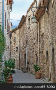 Narrow cobbled street with flowers in the old village Tourrettes-sur-Loup , France.. Narrow cobbled street with flowers in the old village Tourrettes