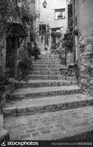 Narrow cobbled street with flowers in the old village Tourrettes-sur-Loup , France.. Narrow cobbled street with flowers in the old village Tourrettes