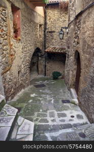 Narrow cobbled streets in the old village Lyuseram, France