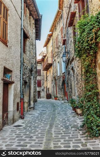 Narrow cobbled streets in the old village Lyuseram, France