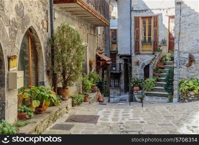 Narrow cobbled streets with flowers in the old village Lyuseram, France