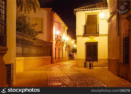 Narrow dark alley in the old town at night illuminated in Ronda, Andalusia, Spain