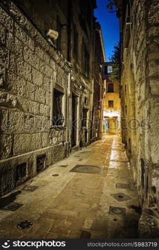 Narrow medieval cobbled street in old town Peille at night, France.