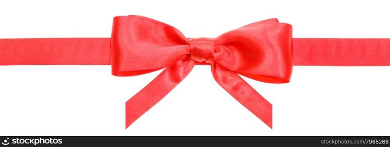 narrow red satin ribbon with real bow with vertical cut ends isolated on white background