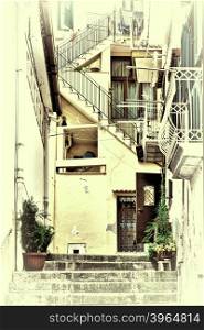 Narrow Street as Stairs in Italian City of Cetara, Retro Image Filtered Style