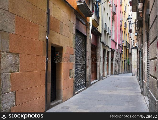 narrow street in Barrio Gotic quarter of Barcelona, Spain. Gotic quarter of Barcelona
