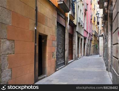 narrow street in Barrio Gotic quarter of Barcelona, Spain. Gotic quarter of Barcelona