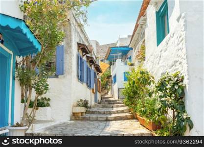 Narrow street in old european town in summer sunny day. Beautiful scenic old ancient white houses, cafe and shops with pink flowers. Popular tourist vacation destination, mediterranean architecture
