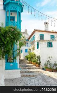 Narrow street in old european town in summer sunny day. Beautiful scenic old ancient white houses, cafe and shops with pink flowers. Popular tourist vacation destination, mediterranean architecture