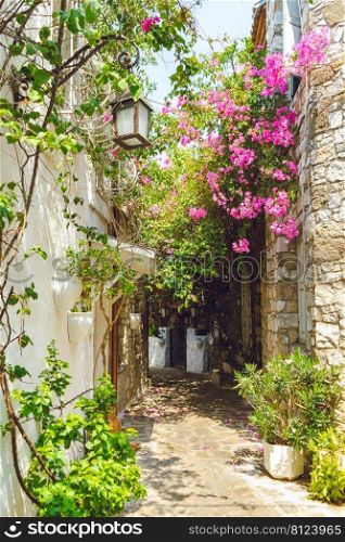 Narrow street in old town of Marmaris, Turkey . Beautiful scenic old ancient white houses with pink flowers. Popular tourist vacation destination. Narrow street in old town of Marmaris, Turkey . Beautiful scenic old ancient white houses with flowers.