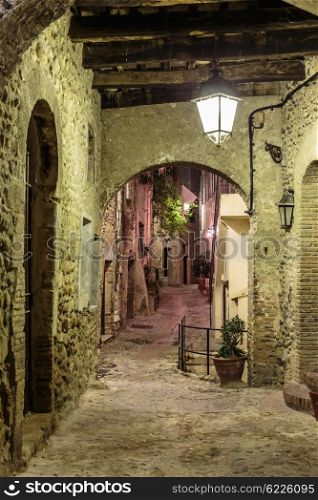 Narrow street in the old town Eze in France at night