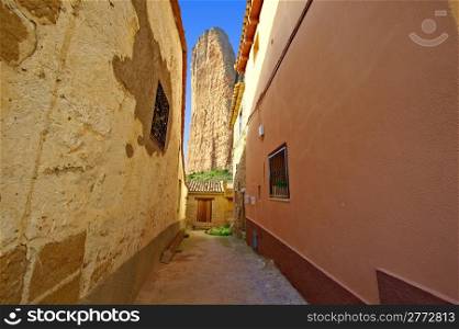 Narrow Street of a Medieval Spanish town, Overlooking the Rocky Foothills of the Pyrenees