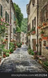 Narrow street with flowers in the old Italian village
