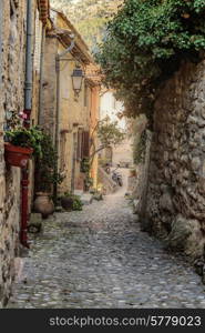 Narrow street with flowers in the old town Coaraze in France