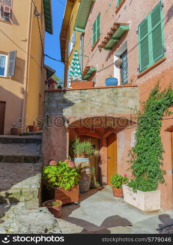 Narrow street with flowers in the old town Coaraze in France