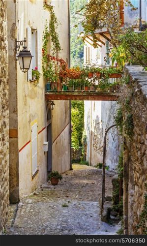 Narrow street with flowers in the old village Coaraze in France