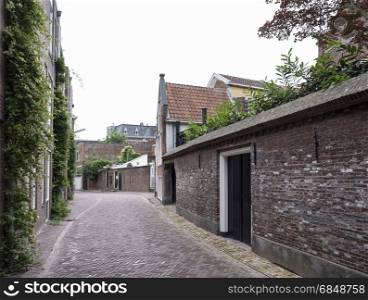 narrow street with old buildings in the centre of old city leeuwarden, capital of friesland in the netherlands