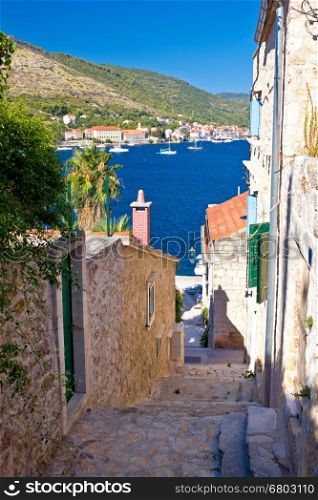 Narrow streets of Vis island vertical view, Dalmatia, Croatia
