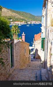 Narrow streets of Vis island vertical view, Dalmatia, Croatia
