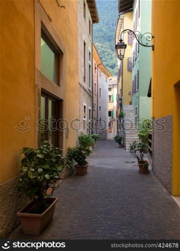 narrow streets of well-known city riva del garda, Italy