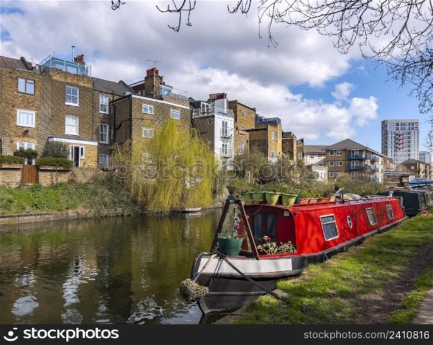 Narrowboat on the Grand Union Canal in the Little Venice area of central London, United Kingdom.