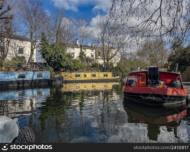 Narrowboats on the Grand Union Canal in the Little Venice area of central London, United Kingdom.