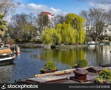 Narrowboats on the Grand Union Canal in the Little Venice area of central London, United Kingdom.