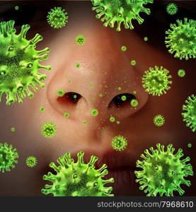 Nasal infection as a contagious sinus disease transmitting a virus with a human nose and nostrils spreading dangerous infectious germs and bacteria while sneezing during a cold or flu symptoms.