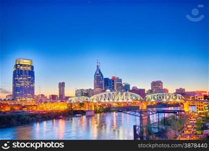 Nashville Tennessee downtown skyline at Shelby Street Bridge