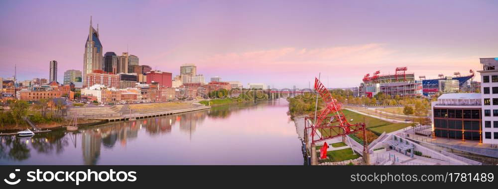 Nashville, Tennessee downtown skyline with Cumberland River in USA