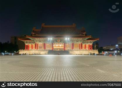 National Chiang Kai shek Memorial Hall in Taipei downtown, Taiwan. A famous monument, landmark and tourist attraction in urban city at night.