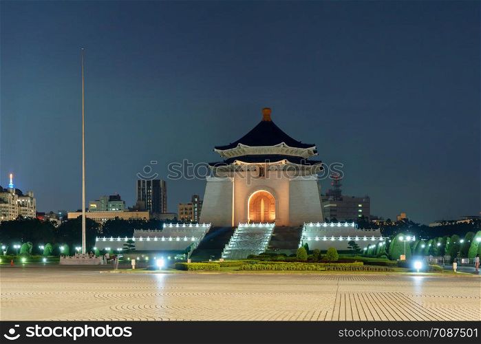 National Chiang Kai shek Memorial Hall in Taipei downtown, Taiwan. A famous monument, landmark and tourist attraction in urban city at night.