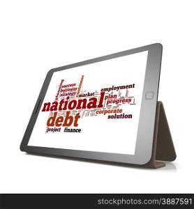 National debt word cloud on tablet image with hi-res rendered artwork that could be used for any graphic design.. National debt word cloud on tablet