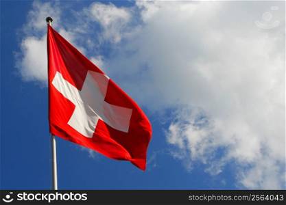 National flag of Switzerland blowing in the wind.