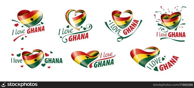 National flag of the Ghana in the shape of a heart and the inscription I love Ghana. Vector illustration.. National flag of the Ghana in the shape of a heart and the inscription I love Ghana. Vector illustration