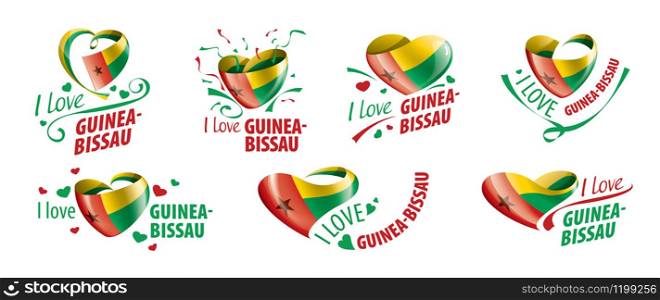 National flag of the Guinea Bissau in the shape of a heart and the inscription I love Guinea Bissau. Vector illustration.. National flag of the Guinea Bissau in the shape of a heart and the inscription I love Guinea Bissau. Vector illustration