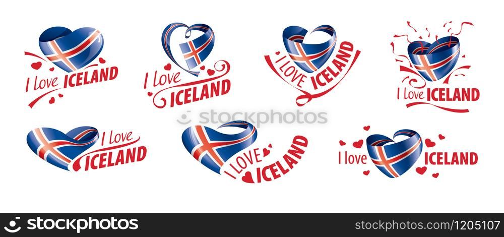 National flag of the Iceland in the shape of a heart and the inscription I love Iceland. Vector illustration.. National flag of the Iceland in the shape of a heart and the inscription I love Iceland. Vector illustration