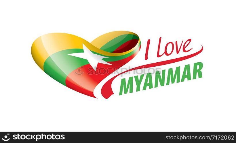 National flag of the Myanmar in the shape of a heart and the inscription I love Myanmar. Vector illustration.. National flag of the Myanmar in the shape of a heart and the inscription I love Myanmar. Vector illustration