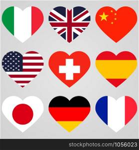 National flags hearts icons set. Vector eps10