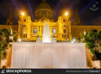 National Museum of Catalunya and the cascade of fountains in Barcelona at night.. Barcelona. Museum of Catalonia.