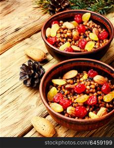 national Russian Christmas dish, a porridge with raisins and almonds, kutya. traditional christian Christmas dish, kutya