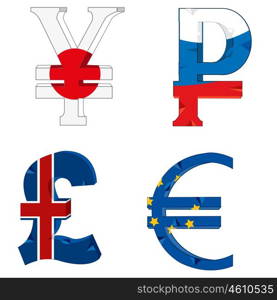 National symbols of the money. Signs and symbols of the money of the different countries in colour of the flag